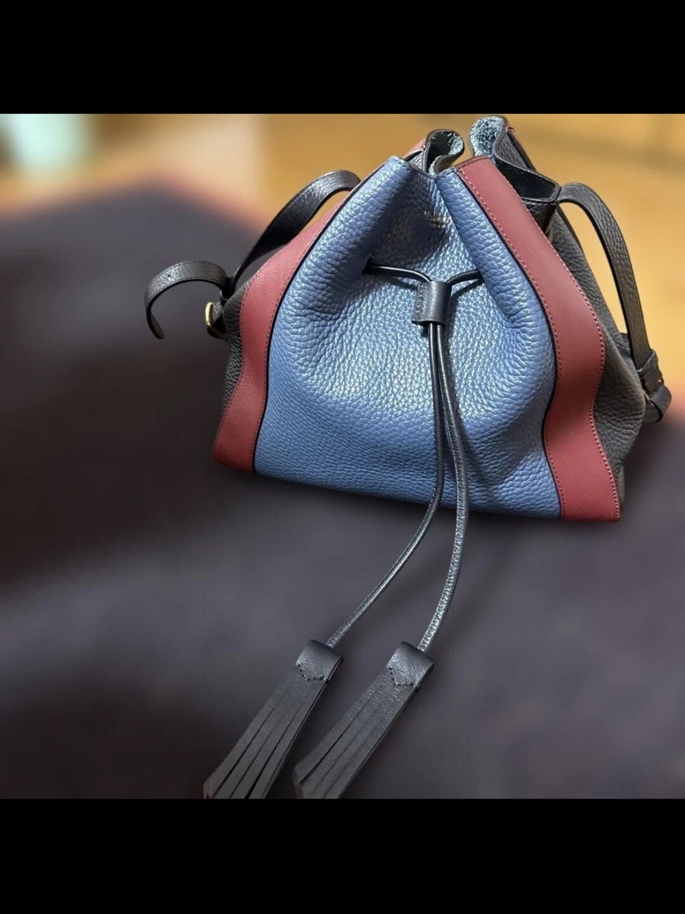 Women’s Colorblock Drawstring Bucket Bag - Blue & Burgundy
